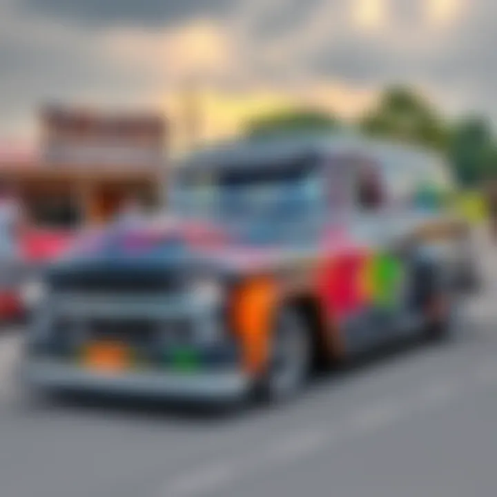 A custom 1956 Ford panel truck with a powerful V8 engine, featuring a unique grill and colorful murals, parked at a tailgating event.