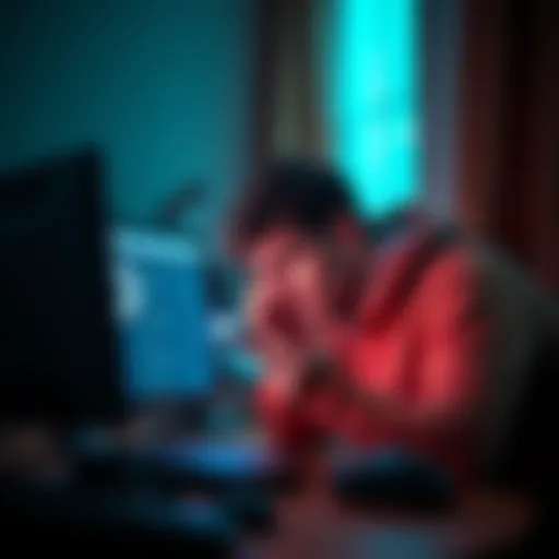 A distressed person in Odesa looking at a computer screen, expressing concern over delayed compliance review affecting their fiat withdrawals.