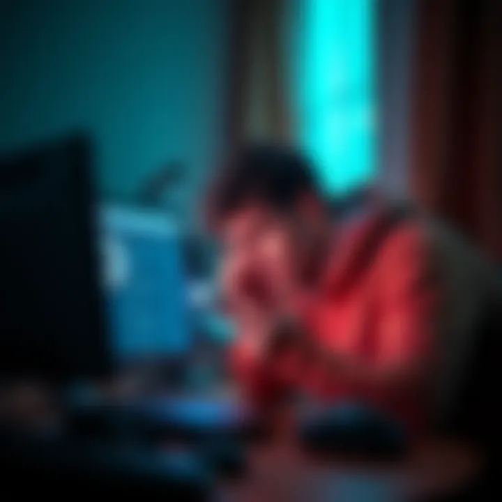 A distressed person in Odesa looking at a computer screen, expressing concern over delayed compliance review affecting their fiat withdrawals.