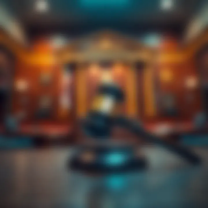 Graphic showing a courtroom scene with a gavel, symbolizing the dropping of charges in a major crypto fraud case, representing legal changes in the cryptocurrency industry.