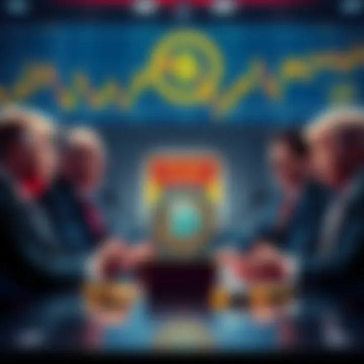 A group of senators discussing a stablecoin bill with financial charts in the background, symbolizing financial security and regulation.