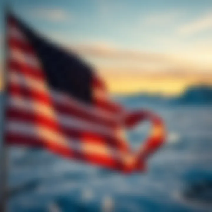 A US flag waving in front of Greenland's icy landscape, symbolizing potential territorial interest.
