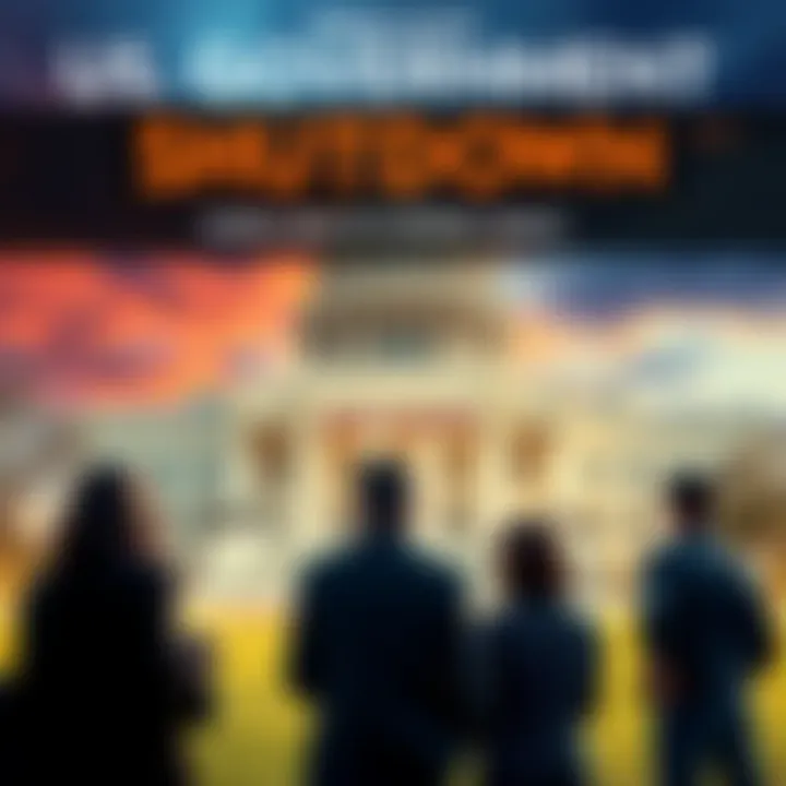 A worried group of people discussing investment strategies against a backdrop of a government building with a shutdown sign