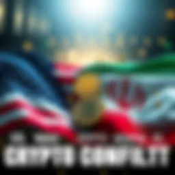 A graphic showing the US flag and Iranian flag intertwined with cryptocurrency symbols, representing the financial standoff between the two nations.