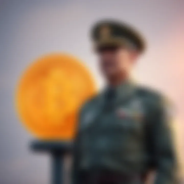 A U.S. military official stands next to a Bitcoin logo, symbolizing the military's embrace of cryptocurrency for strategic power against China.