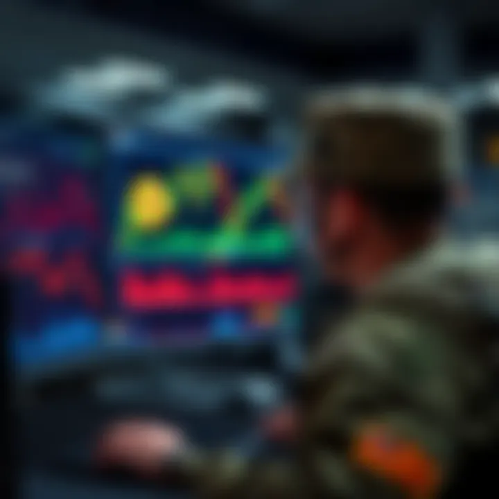 A military officer monitors a computer screen displaying Bitcoin data and graphs, symbolizing the U.S. Military's involvement in cryptocurrency.