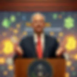 US Treasury Secretary Scott Bessent speaking at a podium, promoting cryptocurrency and quoting Satoshi, with a backdrop of financial symbols and digital currency graphics.