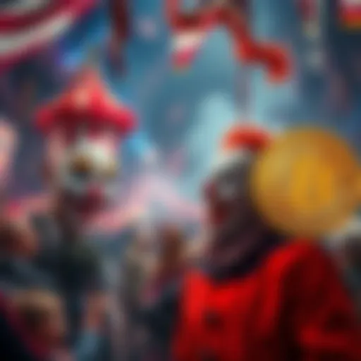 A chaotic circus scene representing the political climate in the USA, with a clown symbolizing confusion and a Bitcoin logo alongside it, illustrating economic concerns.