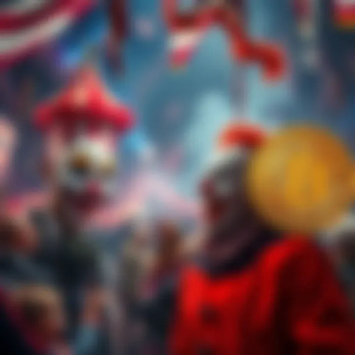 A chaotic circus scene representing the political climate in the USA, with a clown symbolizing confusion and a Bitcoin logo alongside it, illustrating economic concerns.
