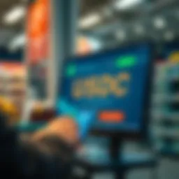 A digital wallet showing USDC stablecoin transactions for merchants, with a checkout interface on a computer screen in a retail setting.