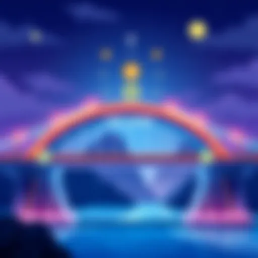 Illustration showing a digital bridge symbolizing the transfer of USDC cryptocurrency to Solana, with icons representing fees and timing considerations.