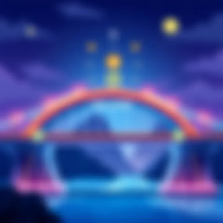 Illustration showing a digital bridge symbolizing the transfer of USDC cryptocurrency to Solana, with icons representing fees and timing considerations.