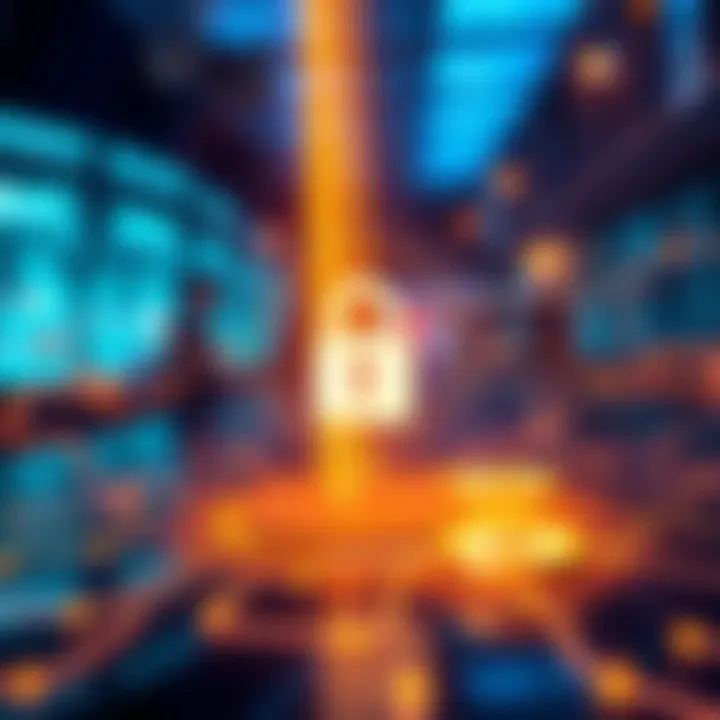 A graphic showing a digital transaction with USDC escrow, featuring a secure lock symbol and currency icons, illustrating trust in online deals.