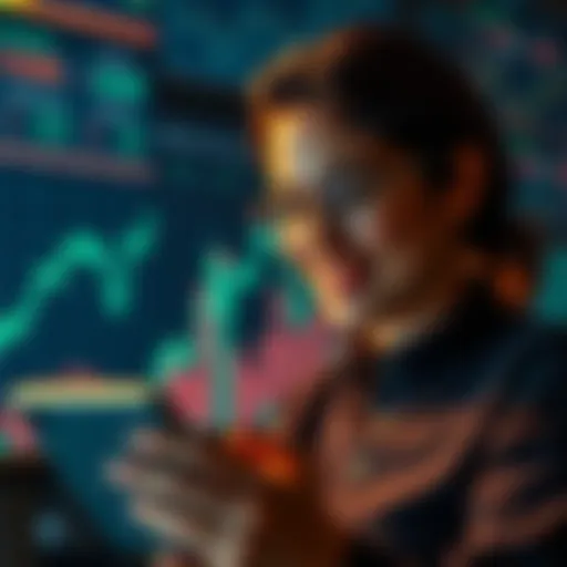 A person smiling while using a digital device with graphs showing interest rates and cryptocurrency options in the background