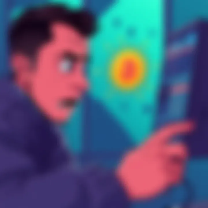 A digital illustration showing a frustrated person looking at a computer screen with a Ledger wallet, indicating problems with USDT transfers on the Solana network.