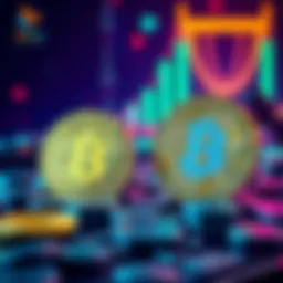 Two cryptocurrencies, USDT and BTC, represented as coins being exchanged in a decentralized environment