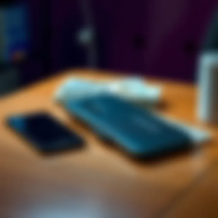 Used Ledger Flex Wallet for Sale A used Ledger Flex wallet placed on a table, with a smartphone and some cash next to it, symbolizing the sale of second-hand crypto devices.