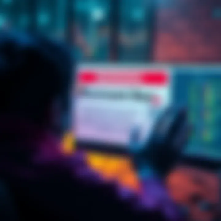 A person looking at a computer screen with a warning sign about forum bans for investment suggestions