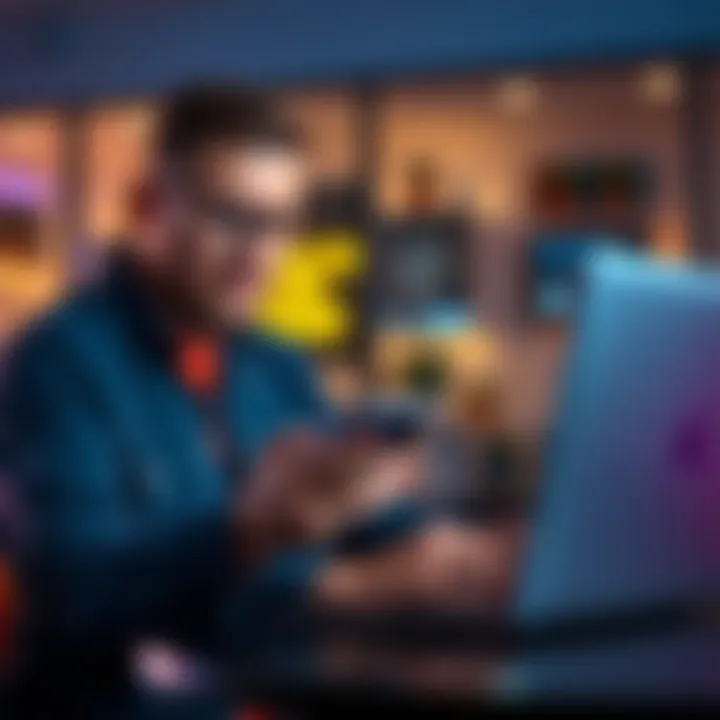 Frustrated person holding a smartphone and looking at a laptop, expressing concern over account issues with a banking app.