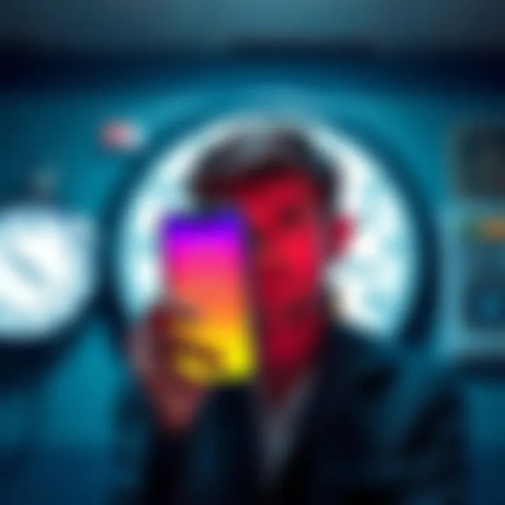 A person looking worried, holding a phone showing the superdraw app, with a clock indicating urgency in the background.