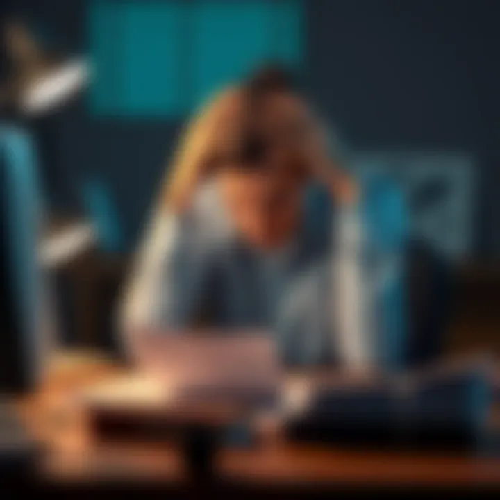 User Feeling Heartbroken Over Theft A distressed person sitting at a desk with their hands on their head, surrounded by financial documents and a computer, indicating frustration and loss after PI funds theft.