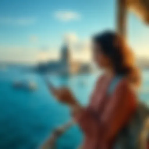 A person using the Revolut app on a smartphone at a scenic foreign location, smiling and feeling relaxed while checking their account