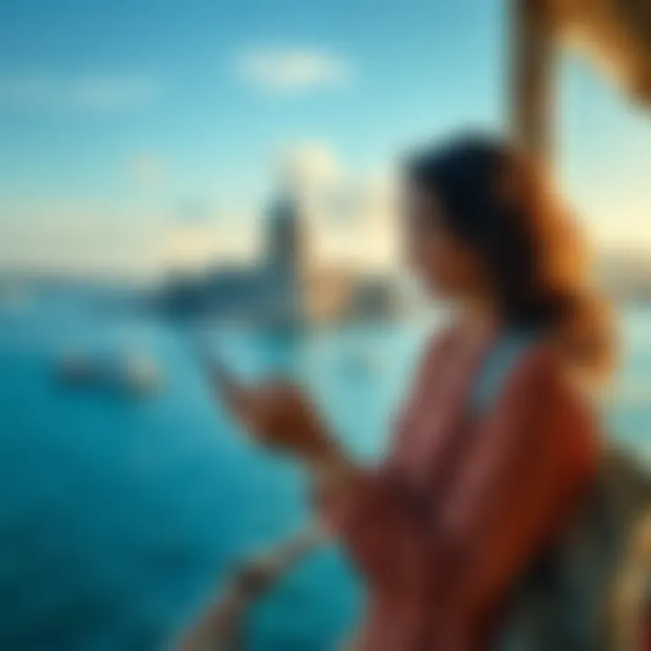 A person using the Revolut app on a smartphone at a scenic foreign location, smiling and feeling relaxed while checking their account