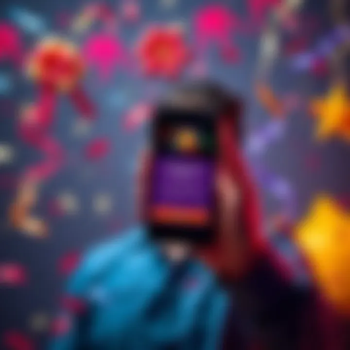 A happy person holding a phone displaying a reward notification, surrounded by festive decorations and confetti.