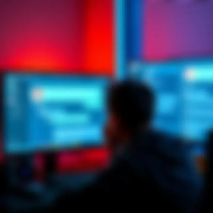 A person looking at the Xitter interface on a computer screen, with chat bubbles and profile pictures visible