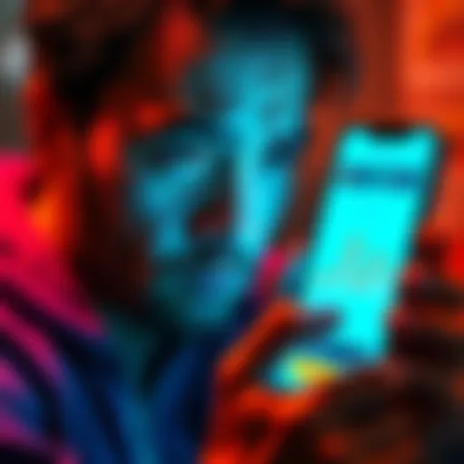 A person staring at their phone with a worried expression, showing a financial app with a declining chart.