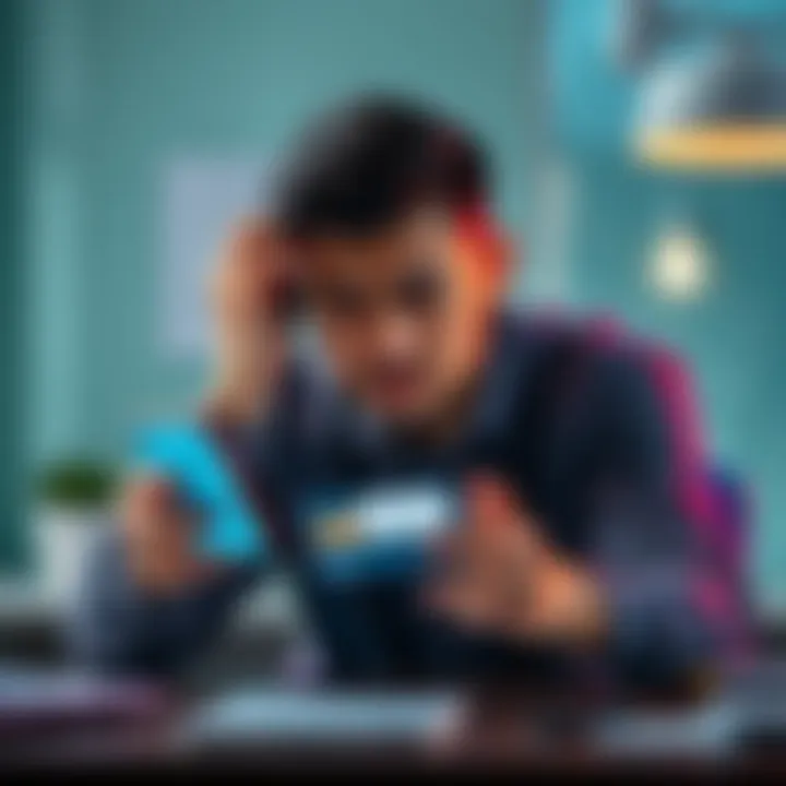 A person sits at a desk, looking frustrated while holding a phone, displaying a login error message from a banking app.