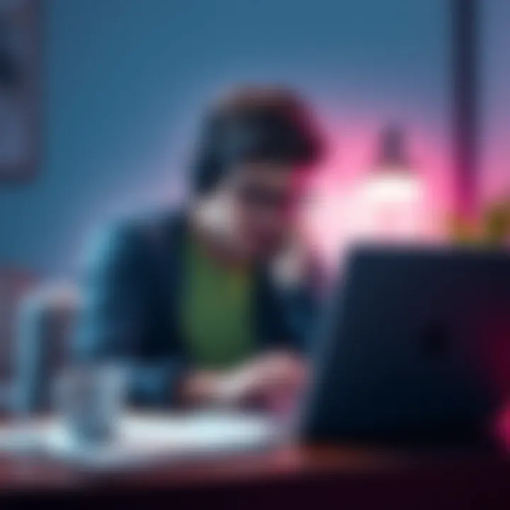 A distressed person sits at a laptop looking frustrated while trying to access their locked Revolut account, showing concern over unpaid bills and rent.