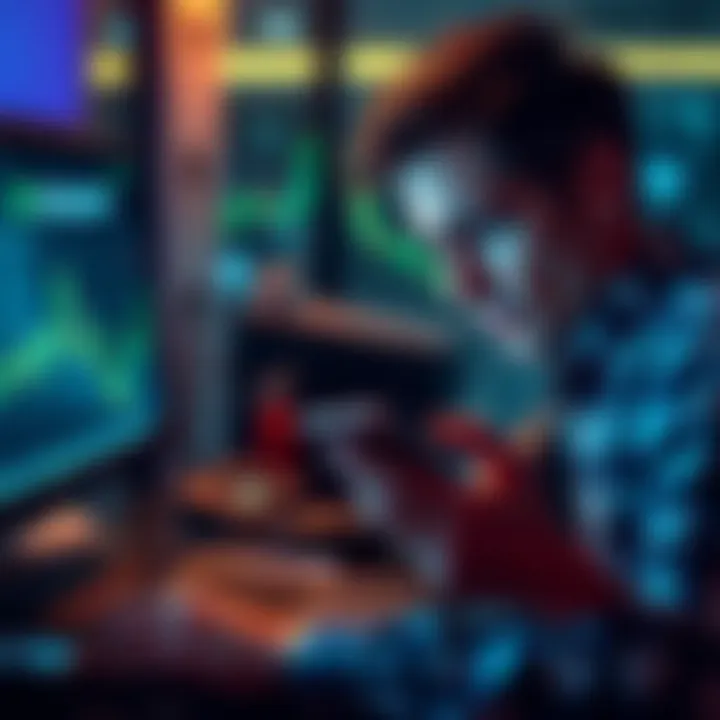 A person looking at their computer screen with a worried expression while holding a phone, indicating frustration over missing funds in a cryptocurrency exchange account.