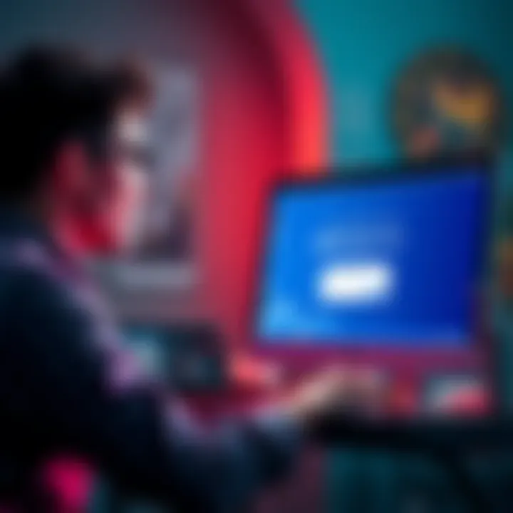 User struggling to log into Blockchain.com A person sitting at a computer with a frustrated expression, staring at a login screen showing an error message and a new wallet ID.