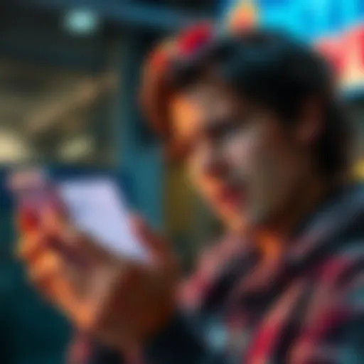User struggling to change Revtag in Revolut app A person looking frustrated while using a smartphone, showing the Revolut app interface with Revtag settings