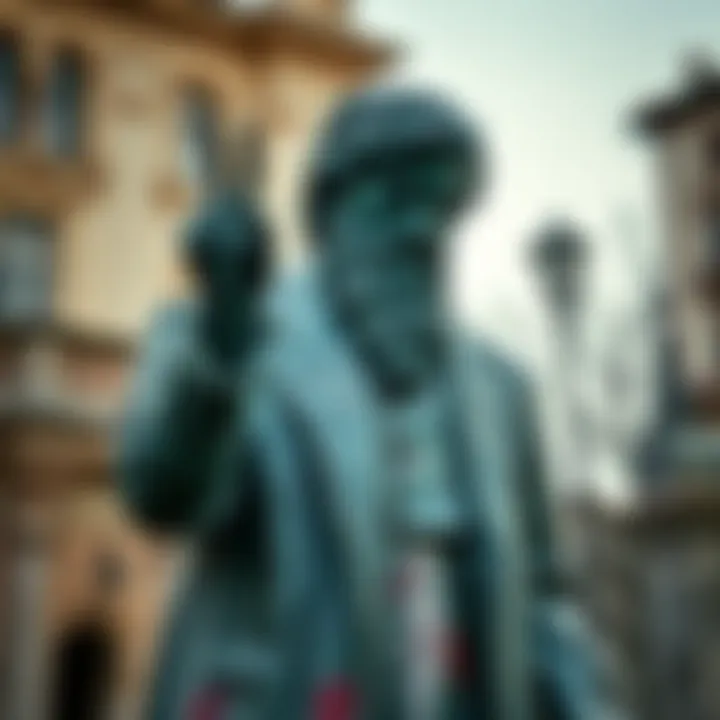 The Satoshi statue in Lugano showing signs of vandalism, with paint splatters and damage visible.