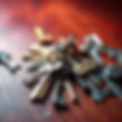 Different types of keys arranged on a wooden table