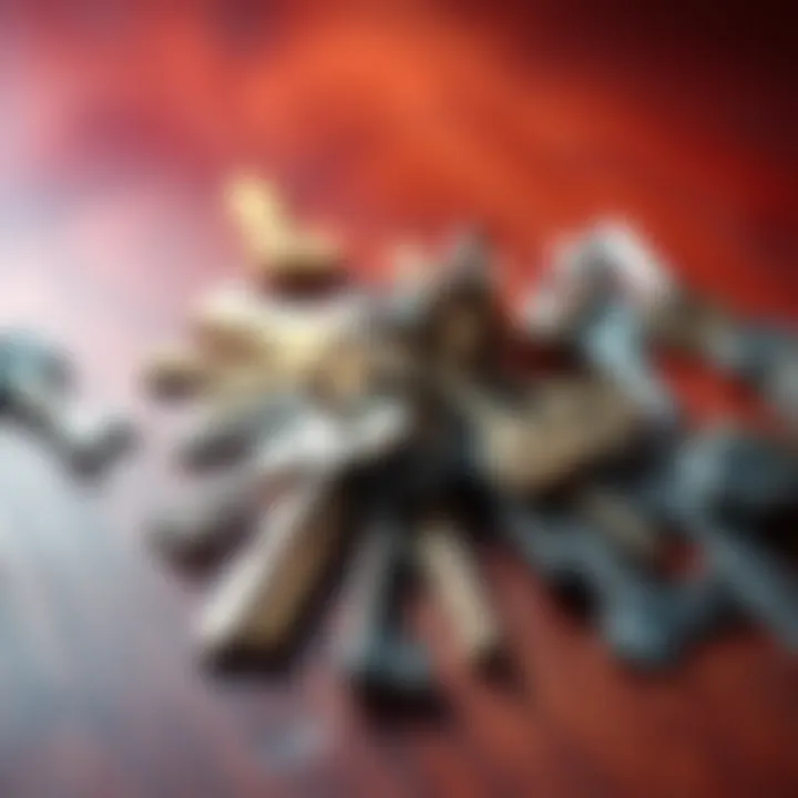 Different types of keys arranged on a wooden table