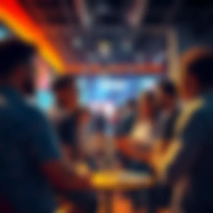 People engaged in a discussion about VeChain updates, sharing insights and asking questions in a vibrant setting.