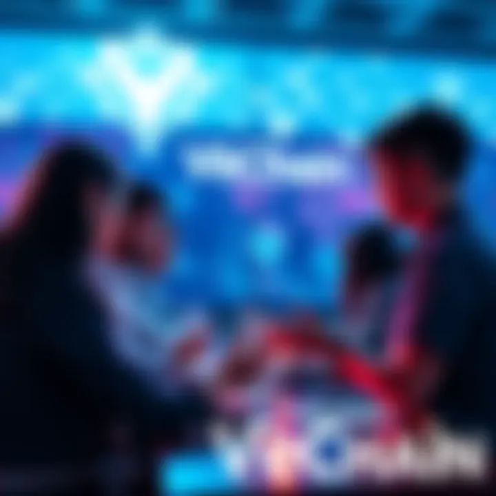 People discussing VeChain updates and innovations in a vibrant online forum setting with visuals of blockchain technology