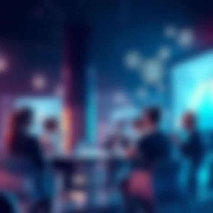 A group of people engaging in a discussion about blockchain technology and VeChain, surrounded by digital graphics representing innovation and sustainability.