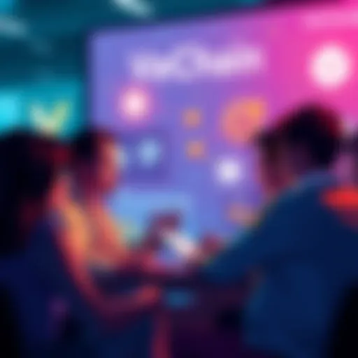 A group of people engaging in a discussion about VeChain projects, with blockchain graphics and project logos in the background.
