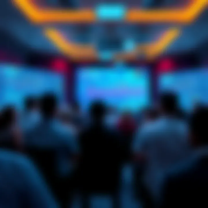 A group of people engaged in a lively discussion about VeChain, featuring charts and blockchain graphics displayed on screens in the background.