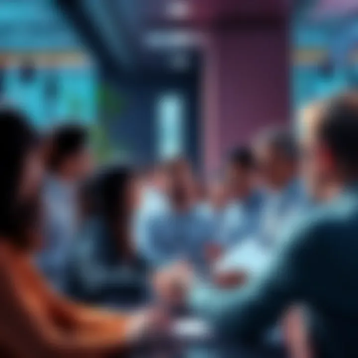 A group of people engaging in a lively discussion about VeChain updates and blockchain sustainability initiatives