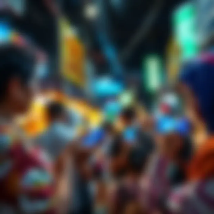 A group of Venezuelan individuals exchanging USDT stablecoin with smartphones in a busy market