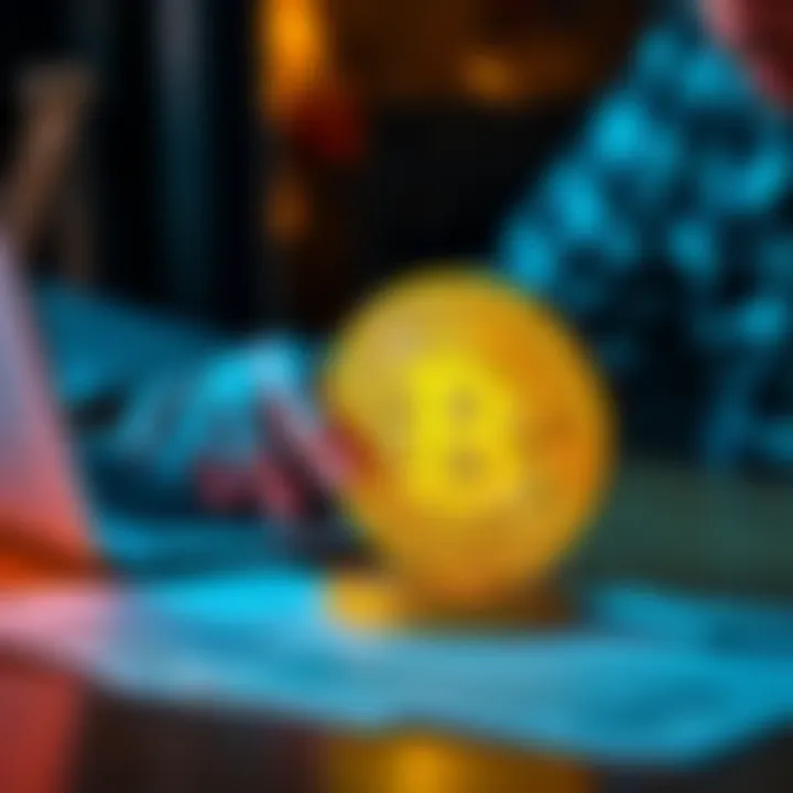 A person checking a physical bitcoin with a laptop and documents on a table, ensuring the funding is secure