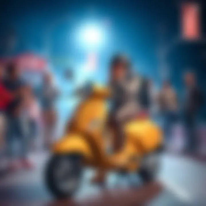 A worried seller stands next to a Vespa scooter, surrounded by friends discussing the recent incident.