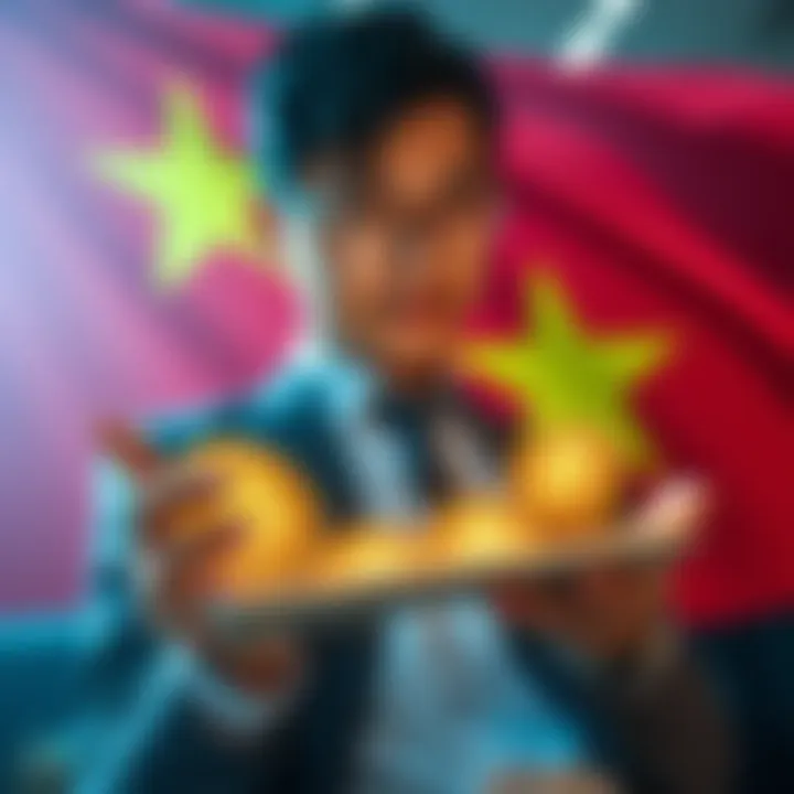 A businessman holding a digital tablet displaying cryptocurrency symbols with the Vietnamese flag in the background.