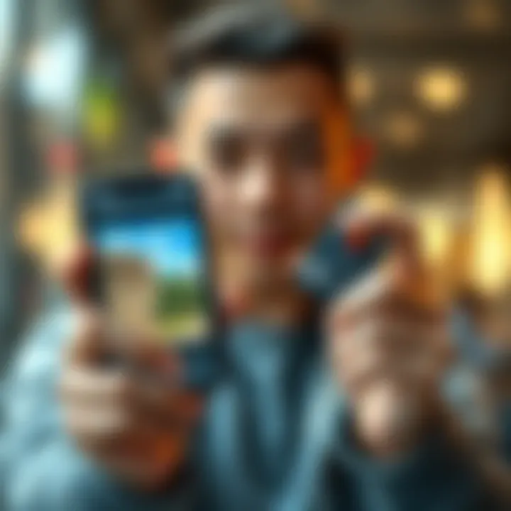 A young person holds a smartphone displaying a virtual card on one side and a physical card on the other, illustrating the choice between payment options.