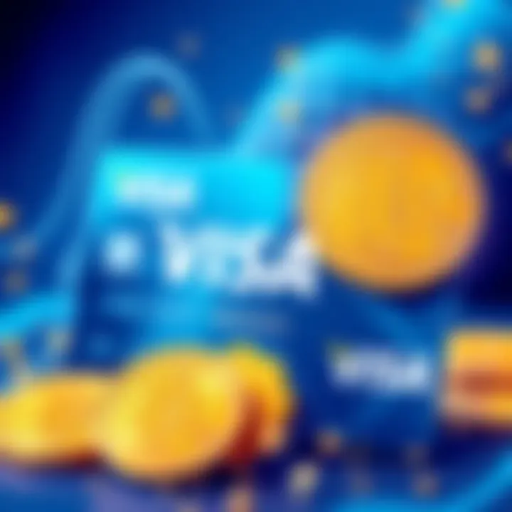 An illustration showing a Visa card alongside stablecoin symbols, representing the integration of stablecoins into payment systems.